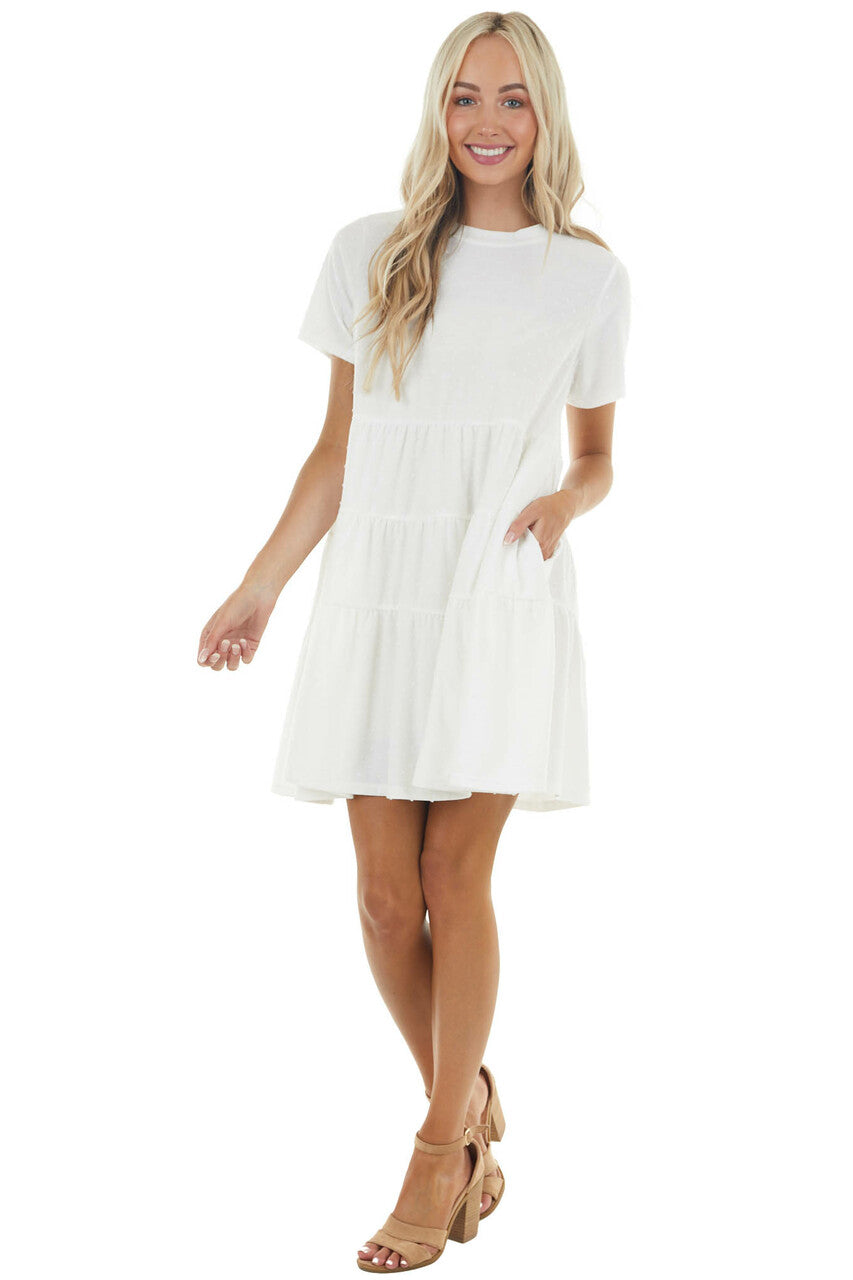 Off White Drop Waist Swiss Dot Knit Dress with Tiered Detail