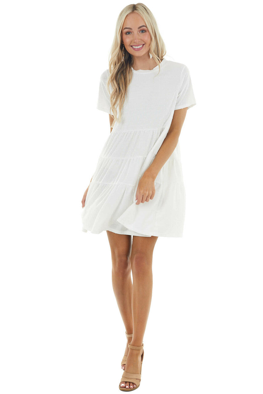 Off White Drop Waist Swiss Dot Knit Dress with Tiered Detail