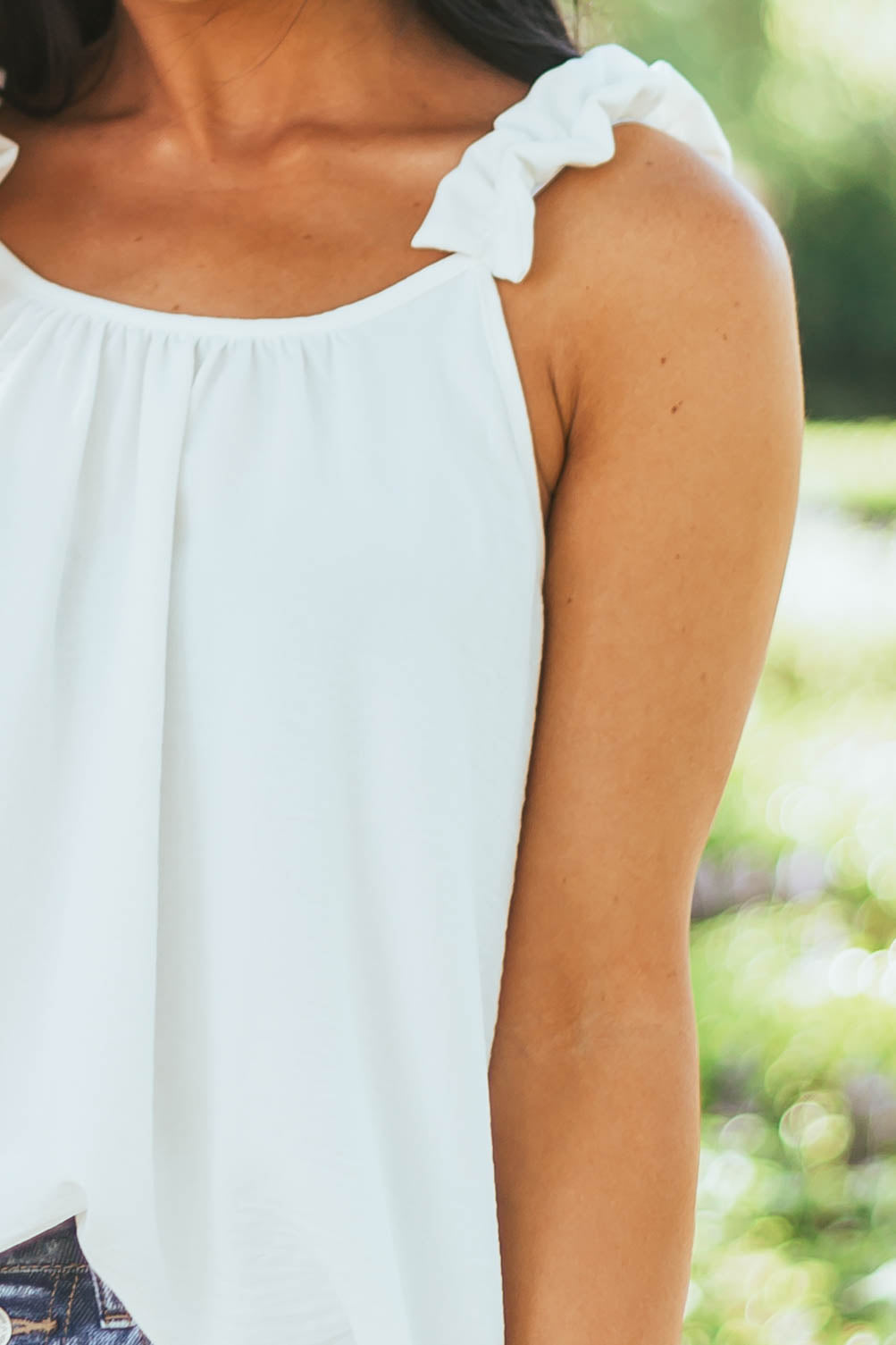 Off White Elastic Ruffle Strap Woven Tank Top