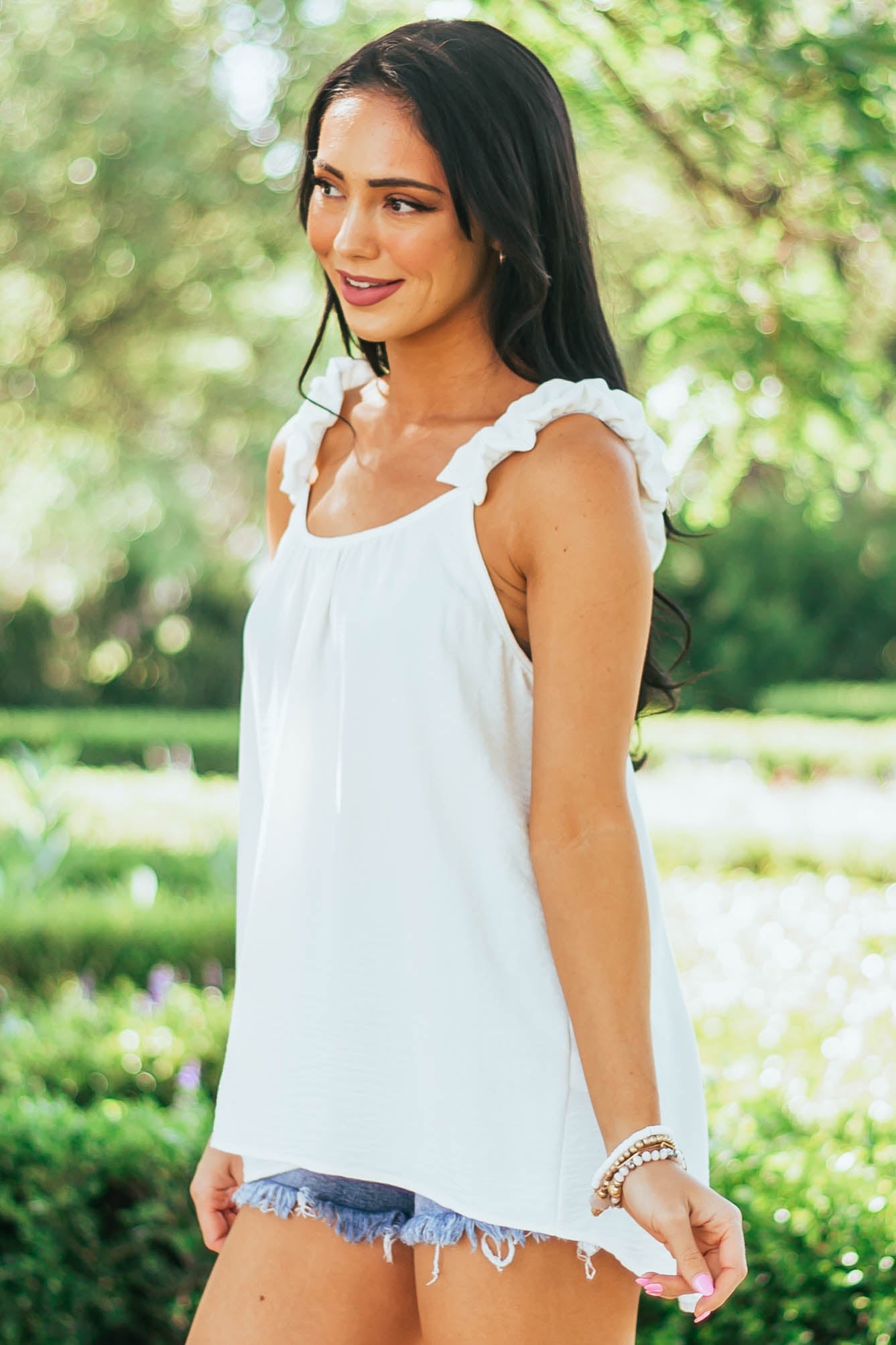 Off White Elastic Ruffle Strap Woven Tank Top