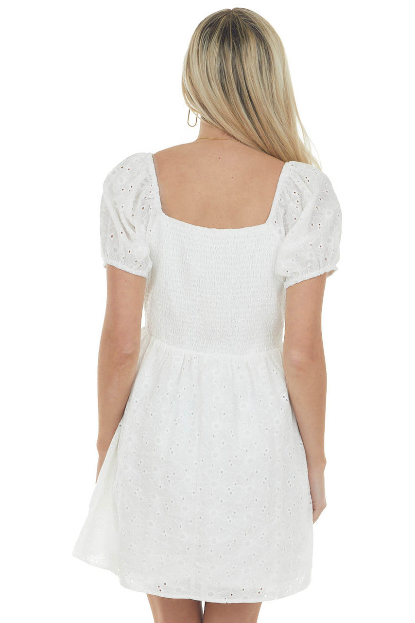 Off White Eyelet Lace Empire Waist Short Dress 