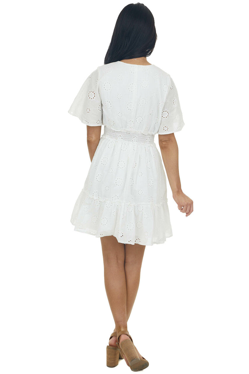 Off White Eyelet Lace Smocked Waist Mini Dress