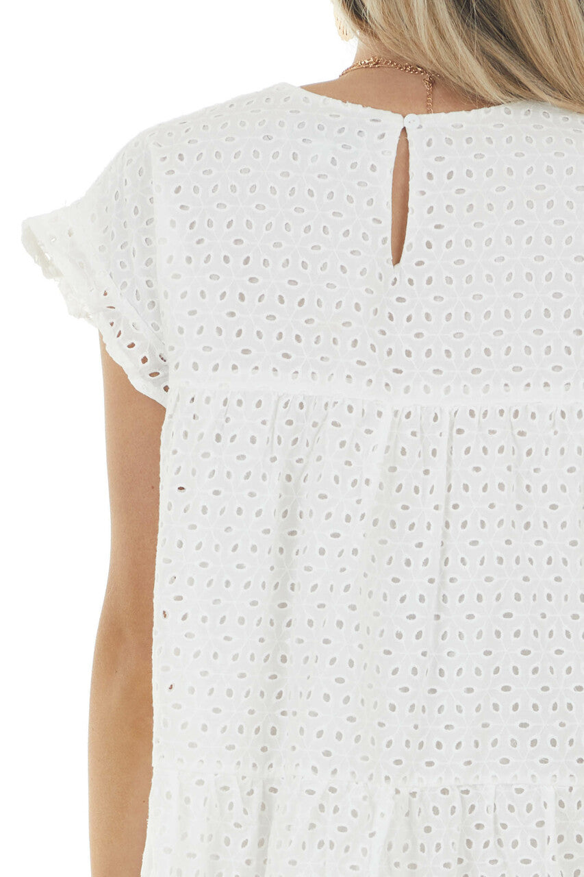 Off White Eyelet Woven Short Dress with Ruffle Sleeves