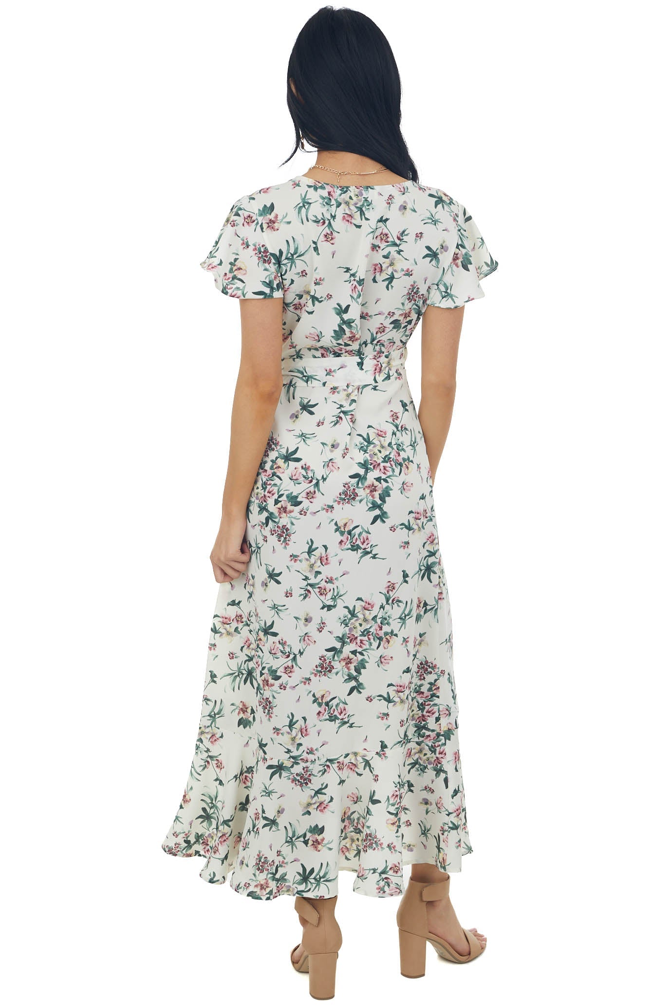 Off White Floral Flutter Sleeve Wrap Midi Dress
