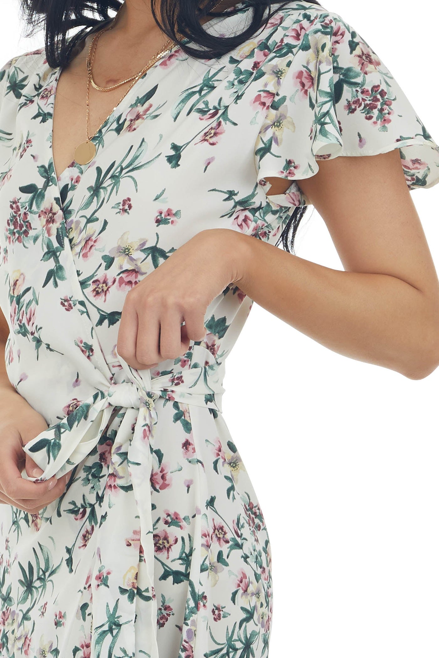 Off White Floral Flutter Sleeve Wrap Midi Dress