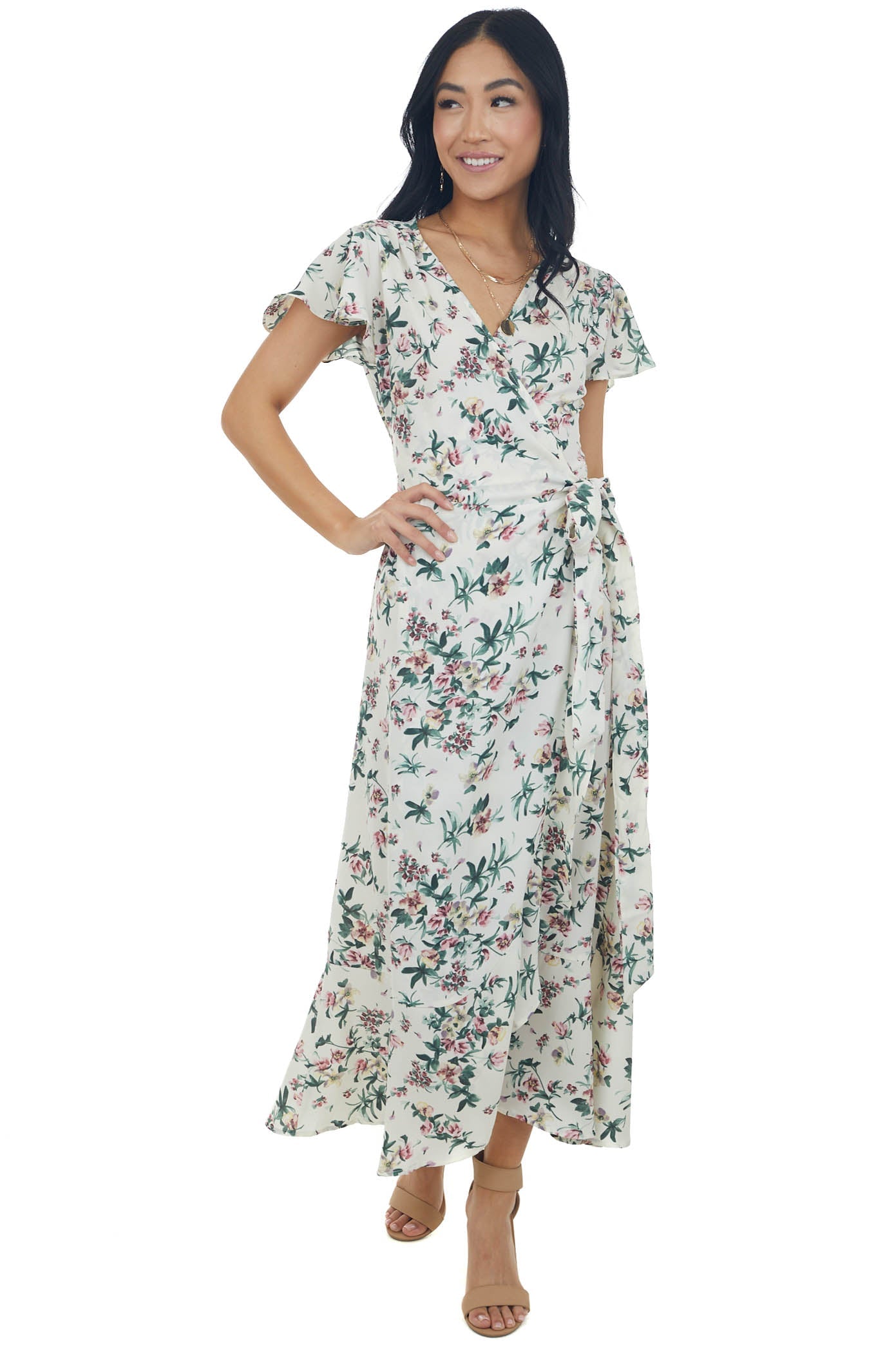 Off White Floral Flutter Sleeve Wrap Midi Dress