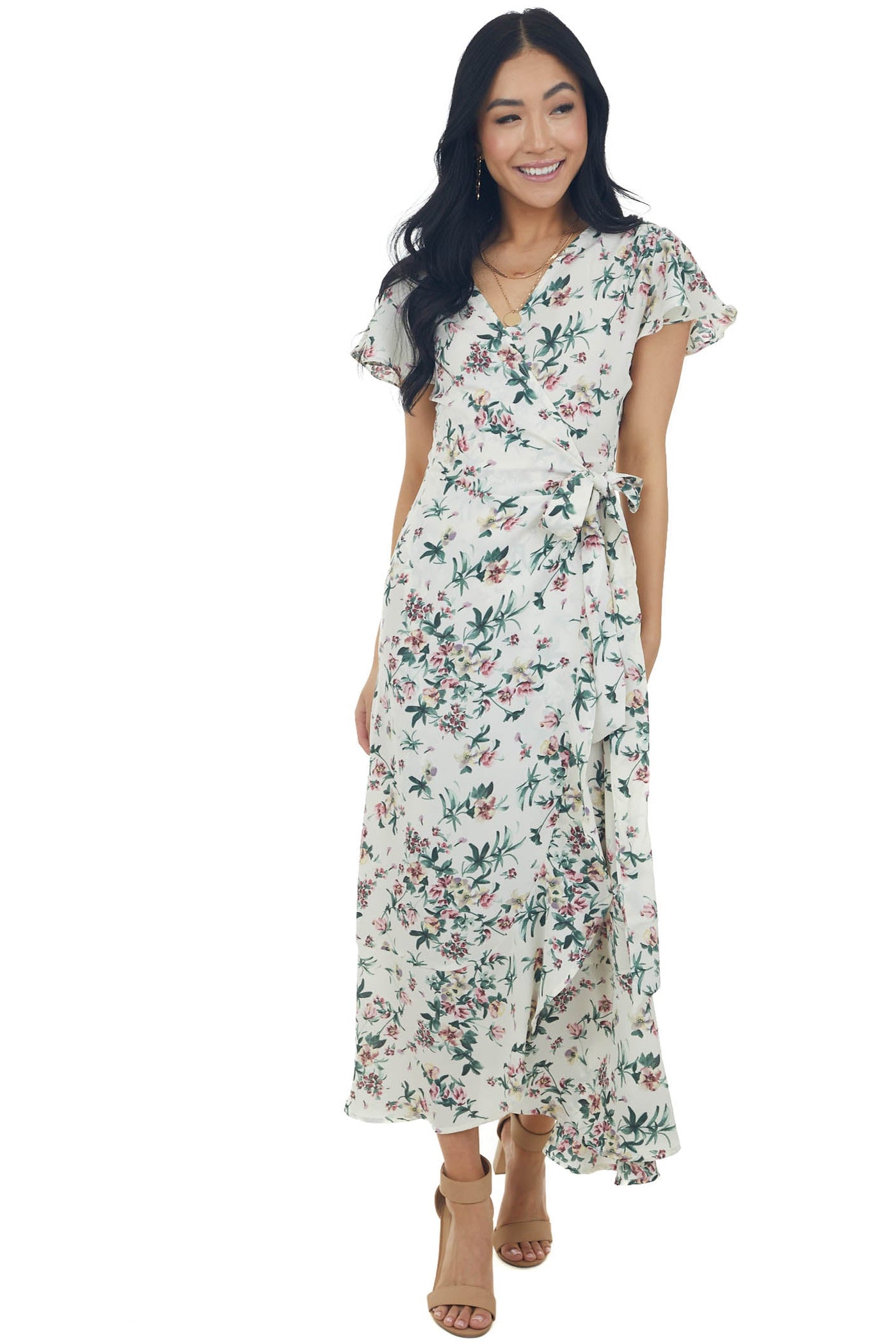 Off White Floral Flutter Sleeve Wrap Midi Dress