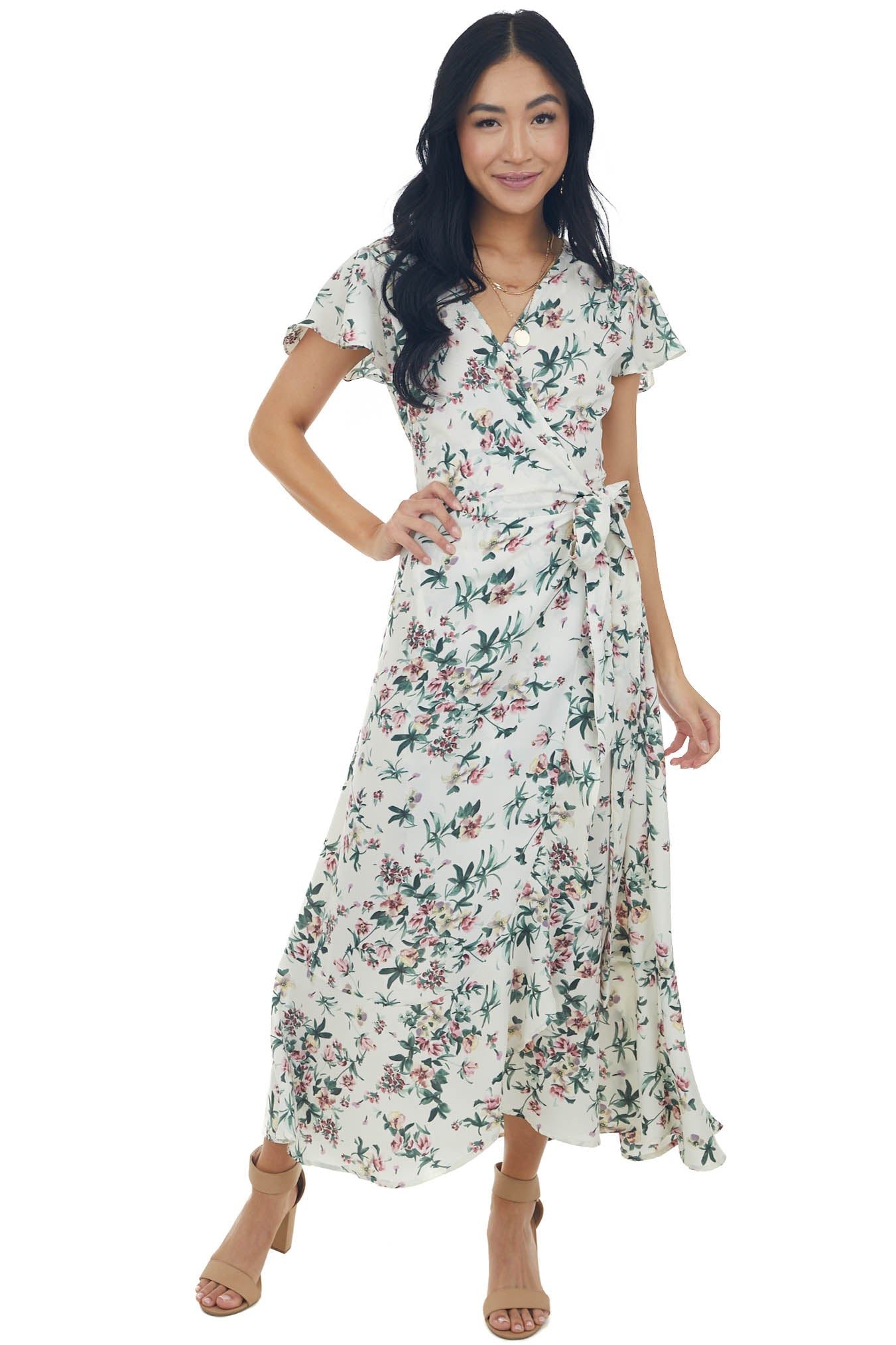 Off White Floral Flutter Sleeve Wrap Midi Dress
