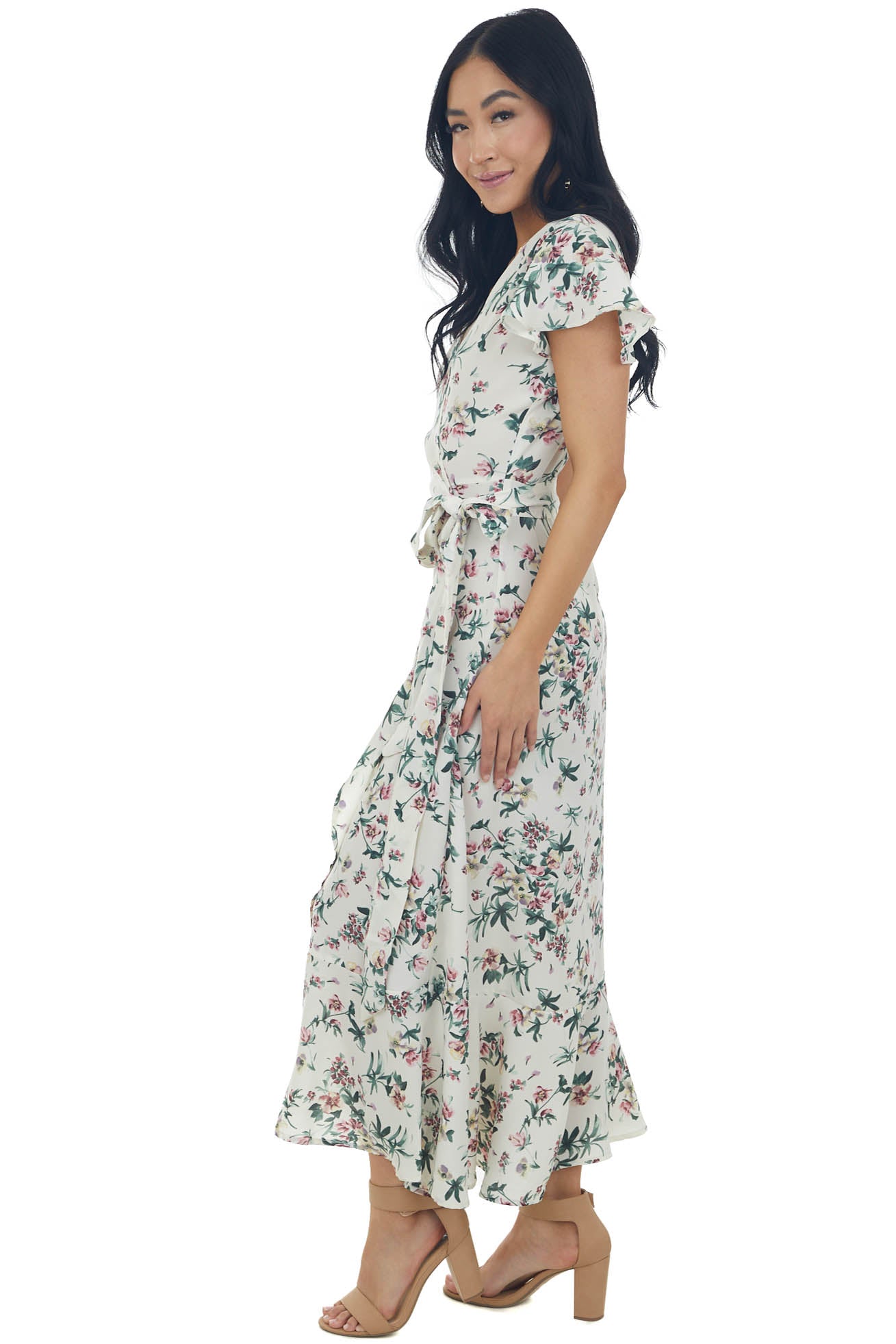Off White Floral Flutter Sleeve Wrap Midi Dress