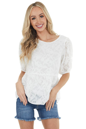 Off White Floral Lace Peplum Top with Short Puff Sleeves