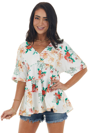 Off White Floral Print V Neck Babydoll Top