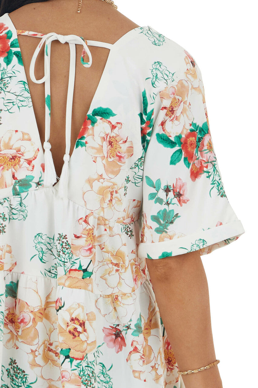 Off White Floral Print V Neck Babydoll Top