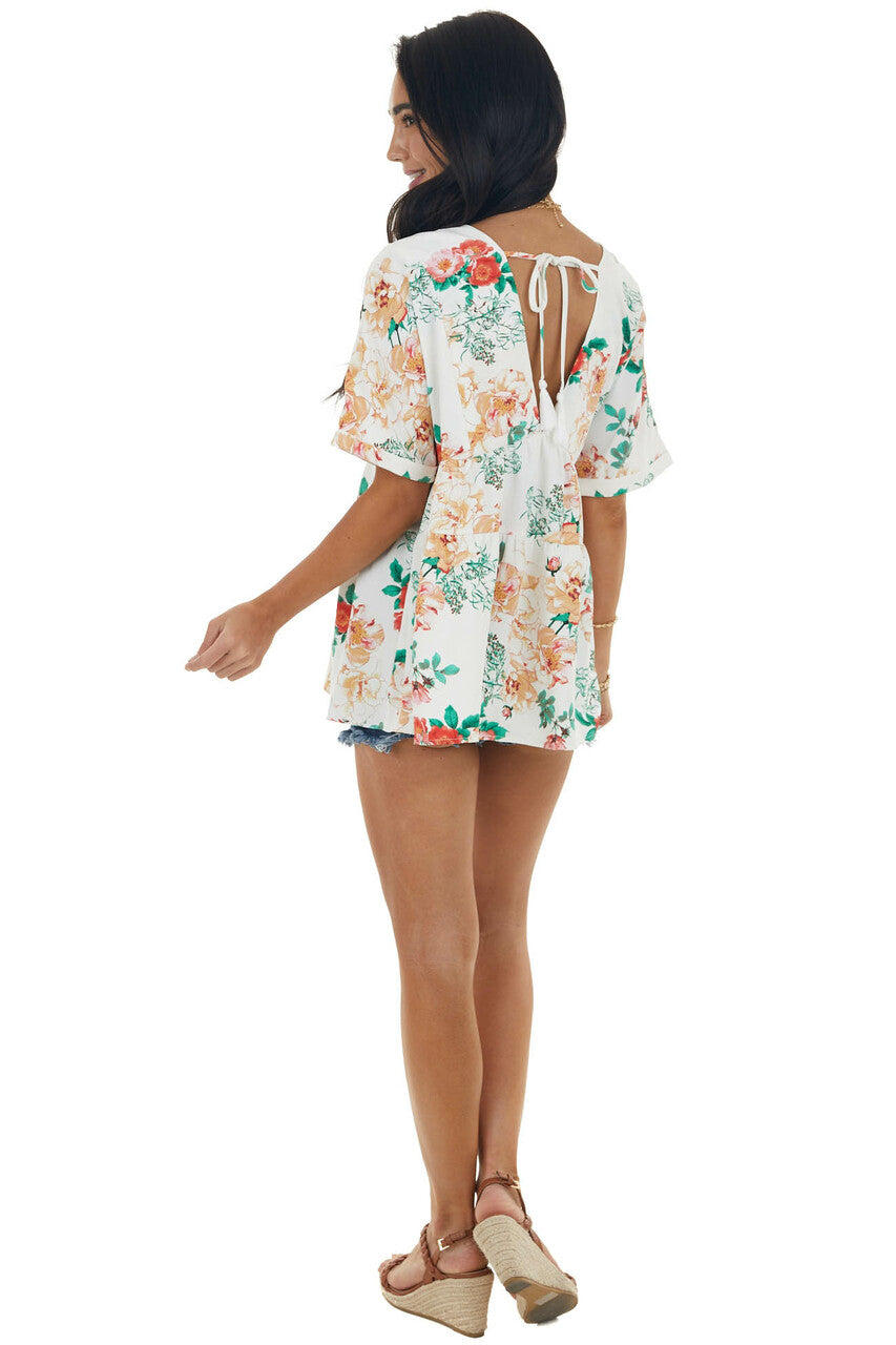 Off White Floral Print V Neck Babydoll Top