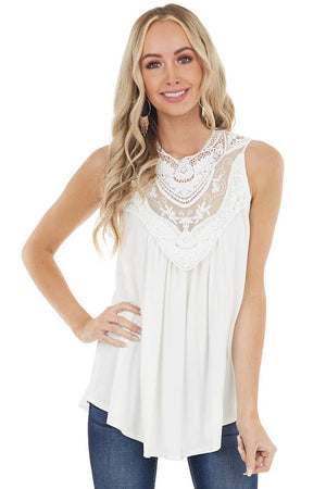 Off White Flowy Sleeveless Top with Sheer Crochet Detail