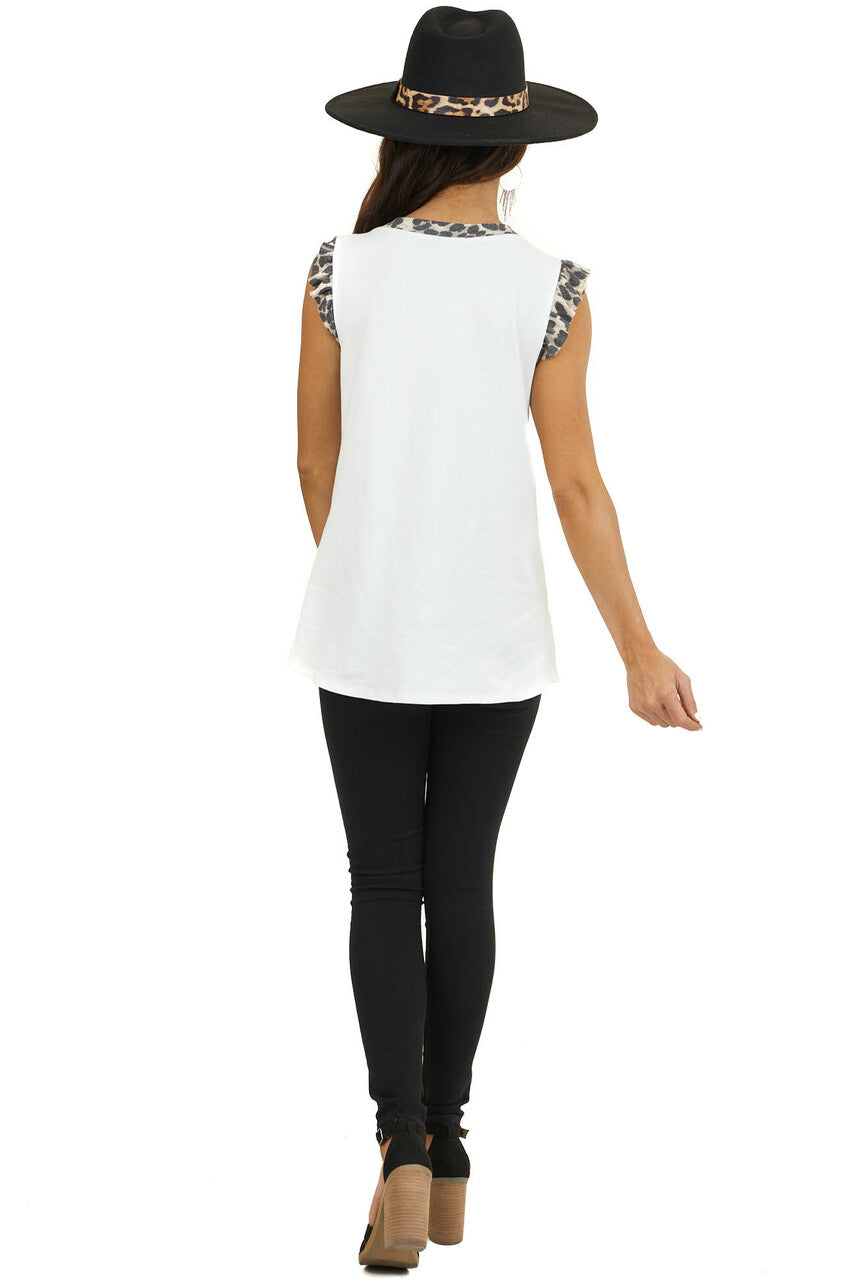 Off White 'Free Spirit' Graphic Tank Top with Leopard Accent 
