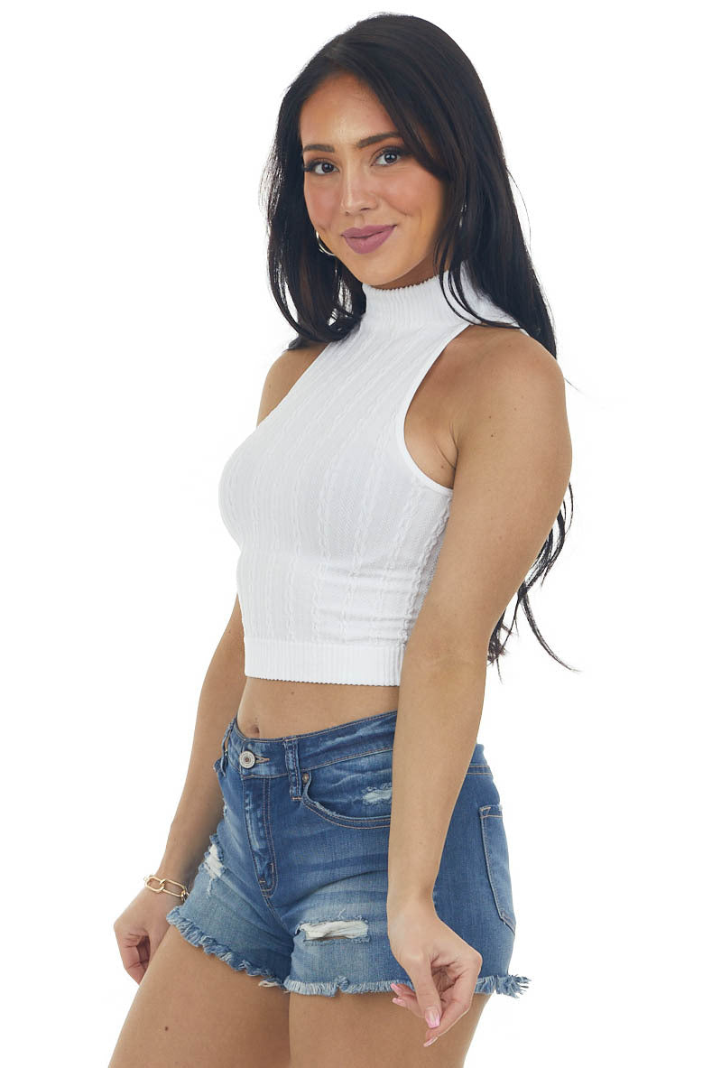 Off White Halter Mock Neck Cable Knit Tank 