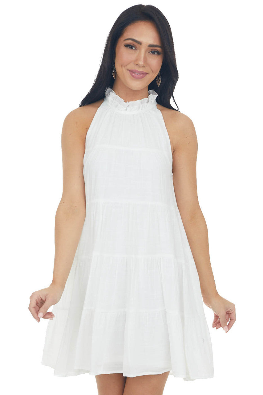 Off White Halter Neck Tiered Short Dress