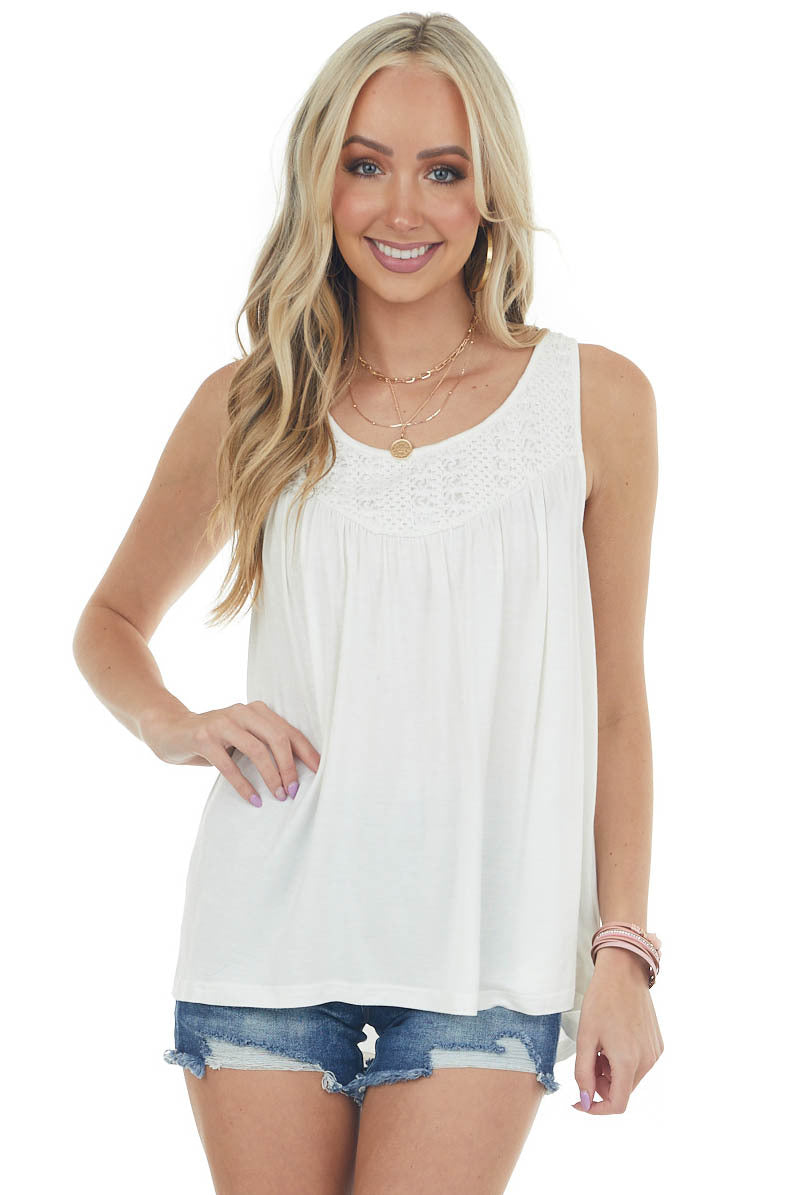 Off White Lace Yoke Babydoll Knit Tank Top