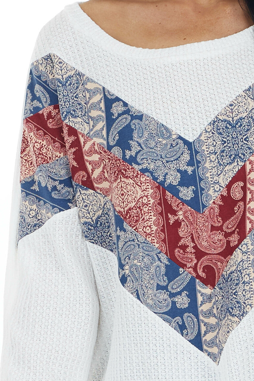 Off White Long Sleeve Top with Paisley Print Colorblock