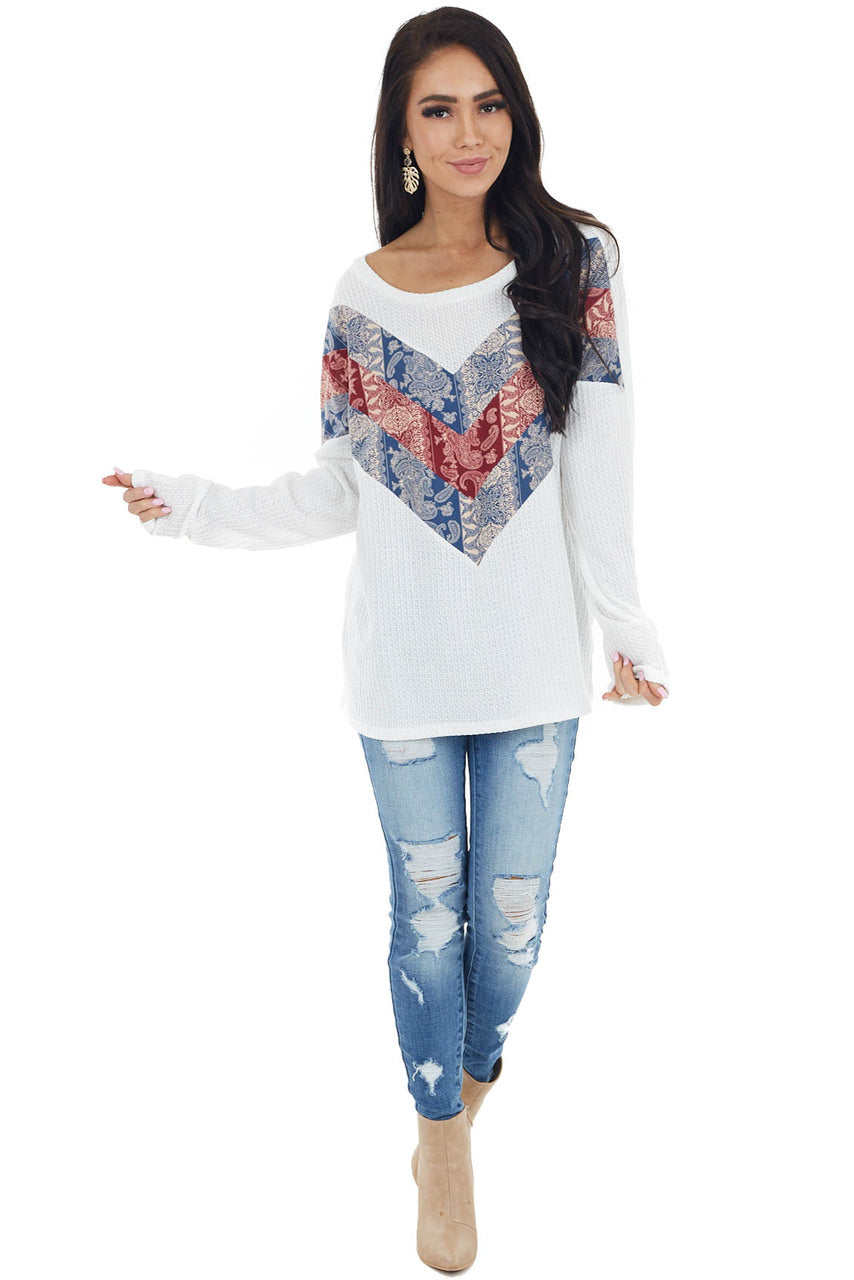 Off White Long Sleeve Top with Paisley Print Colorblock
