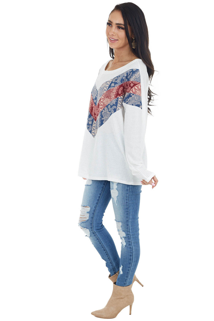 Off White Long Sleeve Top with Paisley Print Colorblock