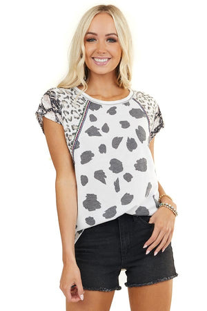 Off White Multiprint Knit Top with Embroidery Details 