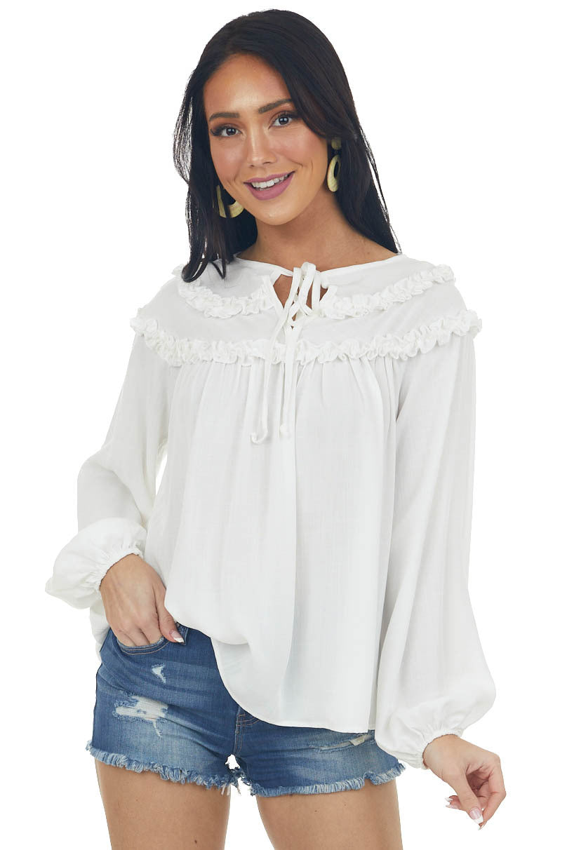Off White Notch Neck Tie Tiered Frill Blouse