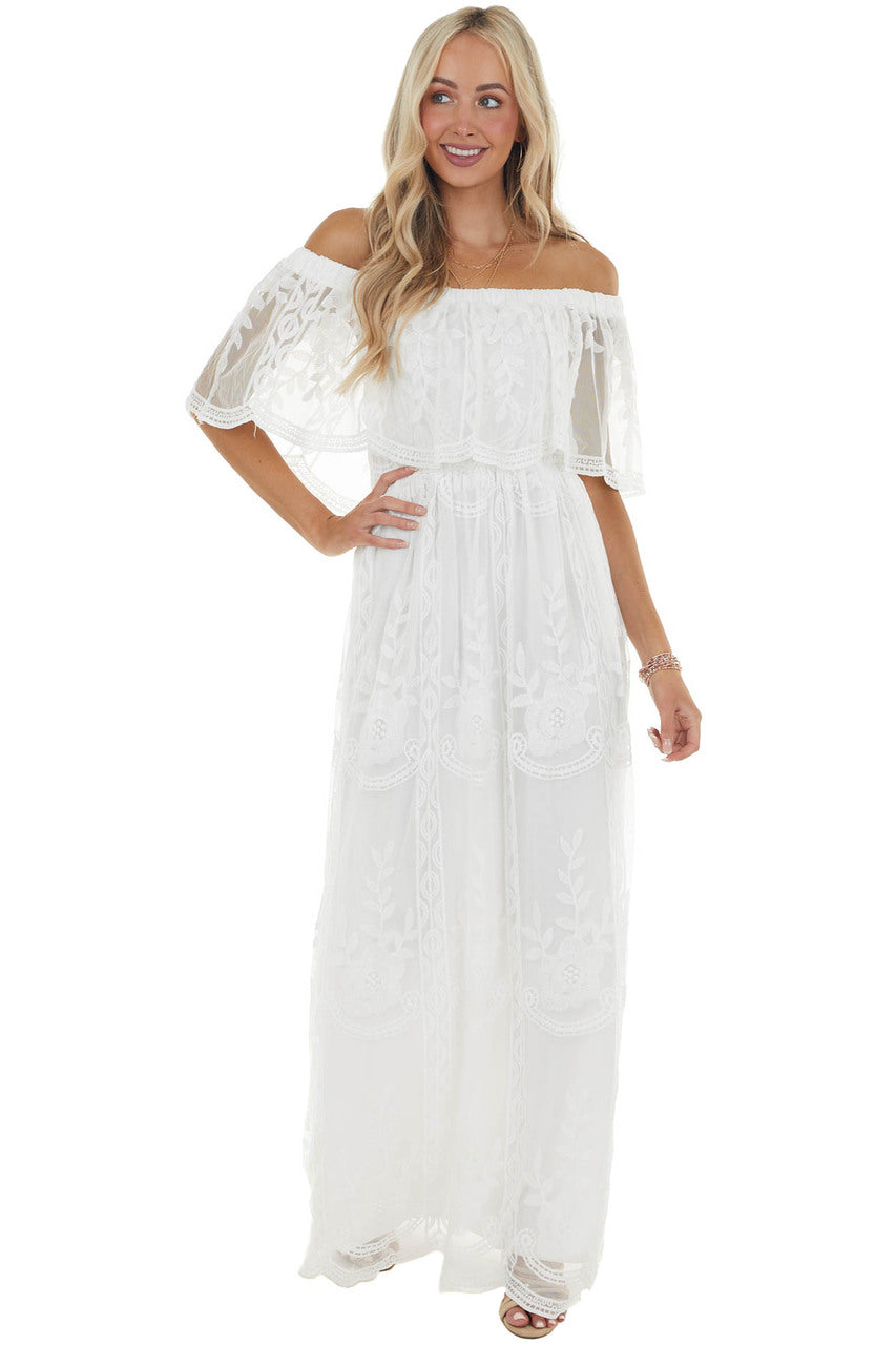 Off White Off Shoulder Floral Lace Overlay Maxi Dress