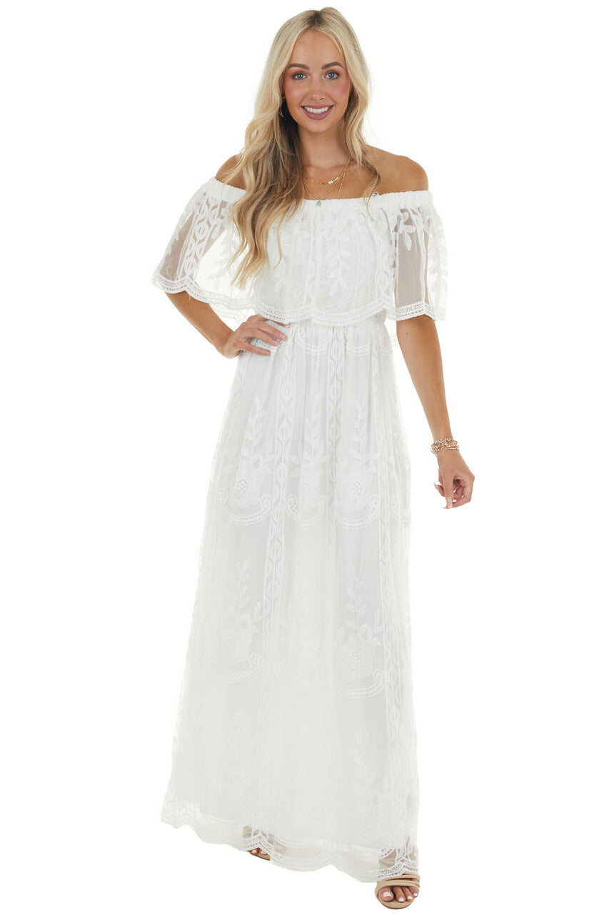 Off White Off Shoulder Floral Lace Overlay Maxi Dress