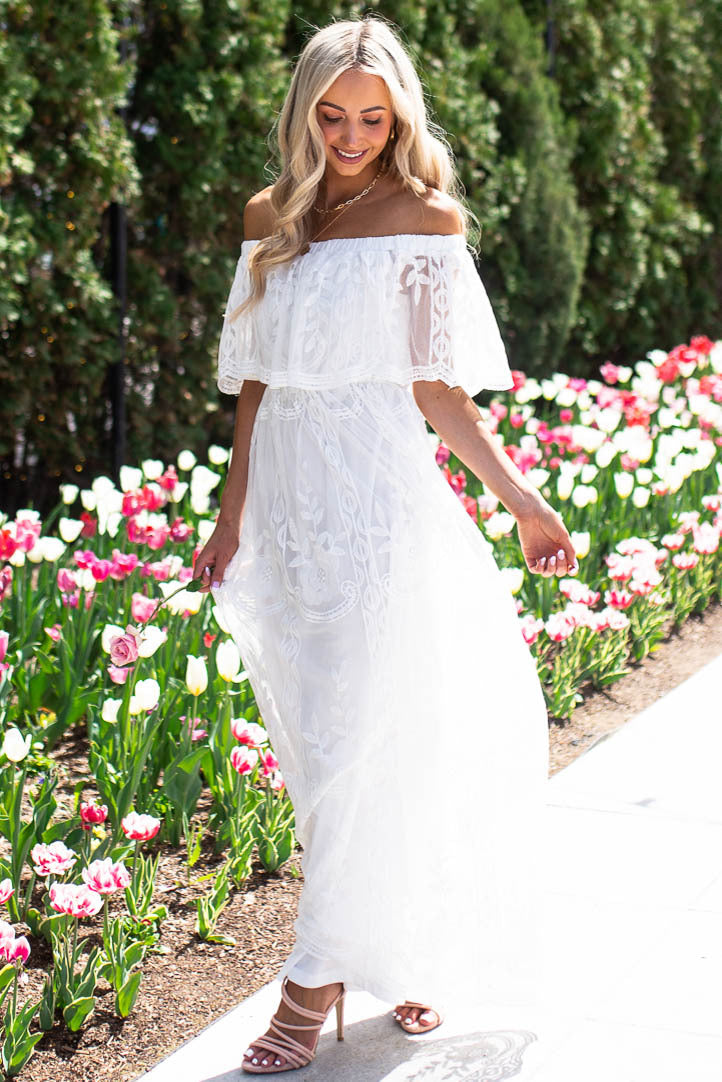 Off White Off Shoulder Floral Lace Overlay Maxi Dress