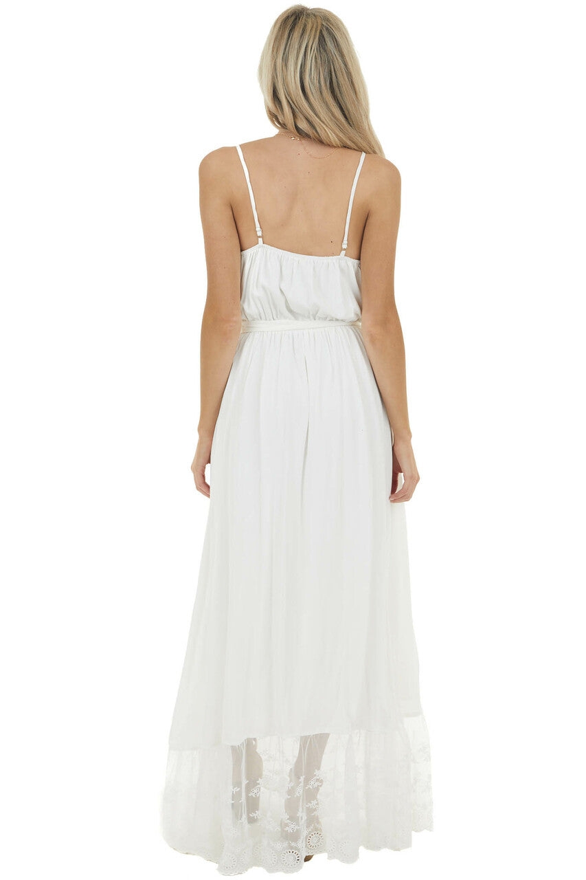 Off White Sleeveless Maxi Dress with Contrast Lace Hem