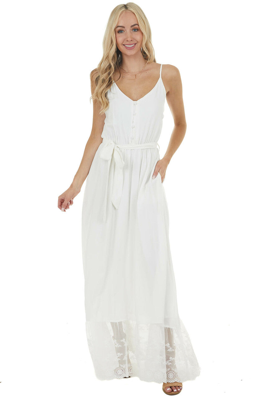 Off White Sleeveless Maxi Dress with Contrast Lace Hem