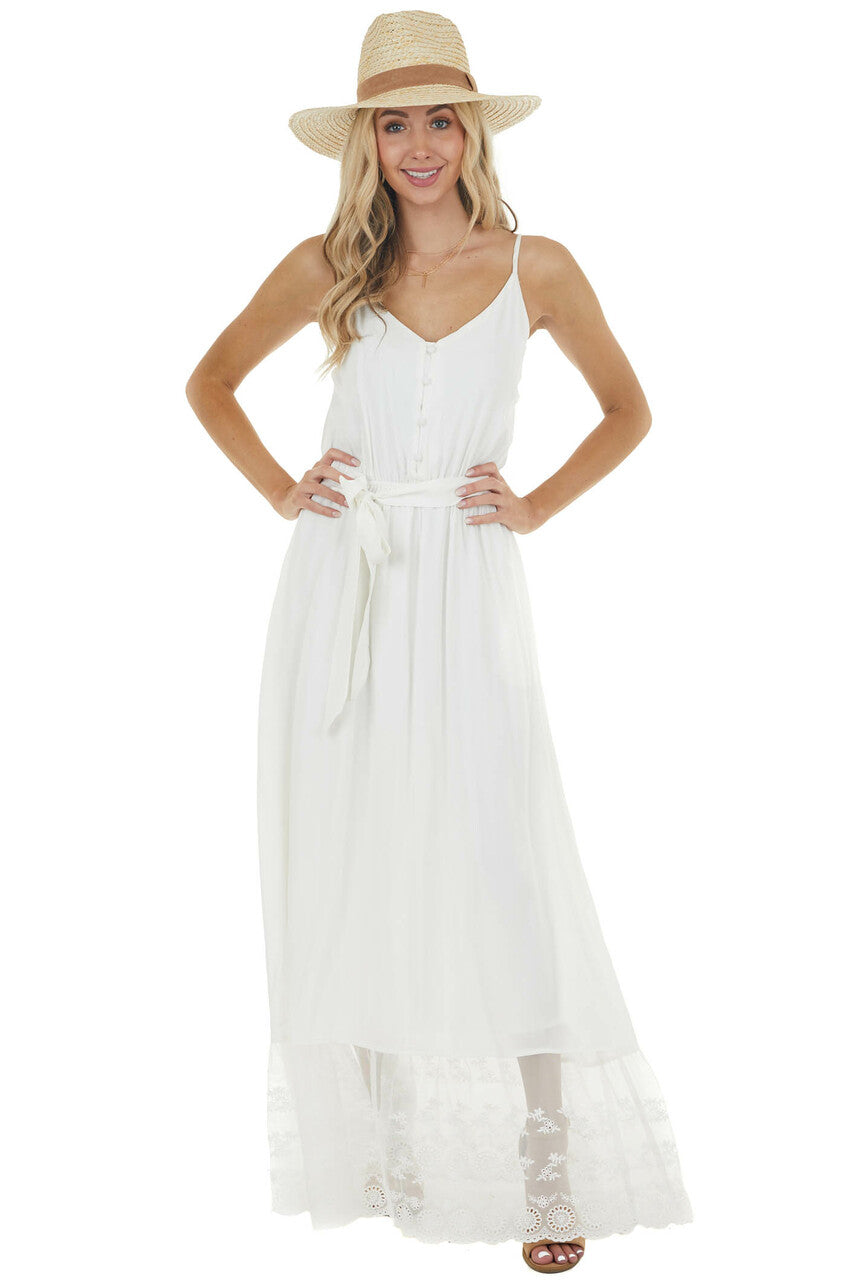 Off White Sleeveless Maxi Dress with Contrast Lace Hem