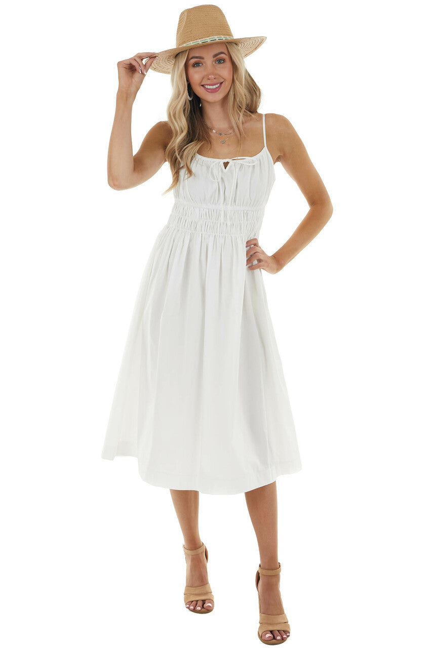 Off White Sleeveless Midi Dress with Smocked Waistline