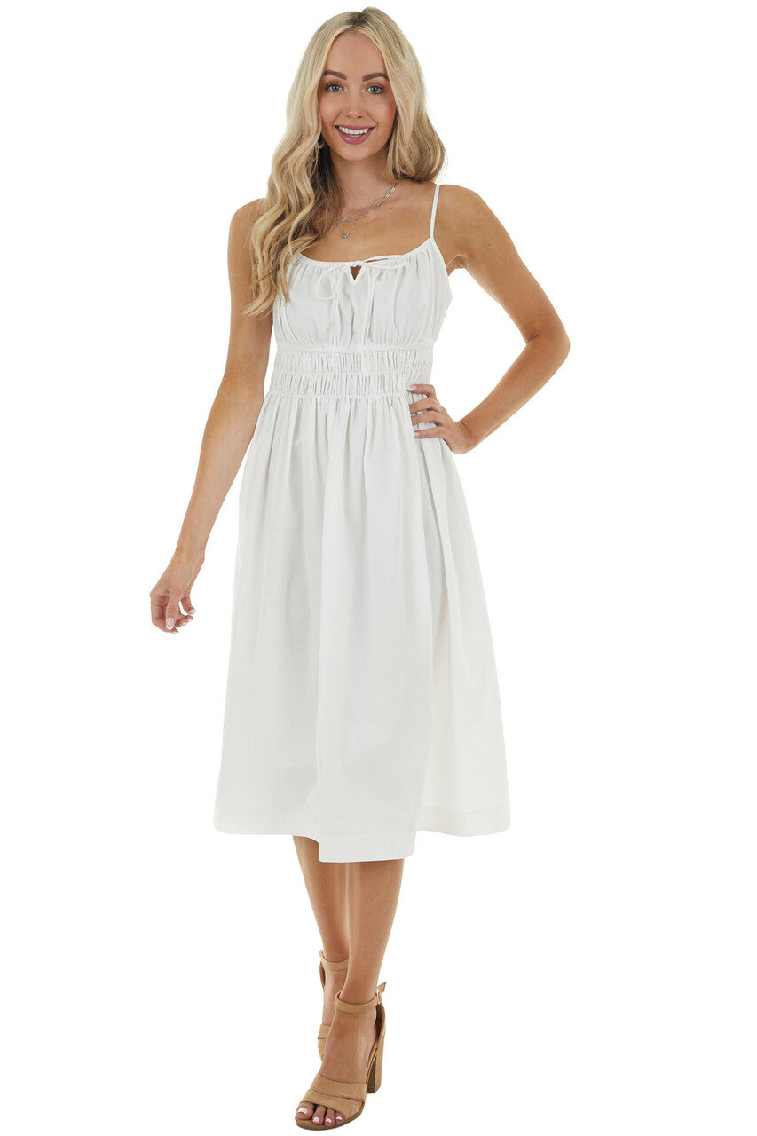 Off White Sleeveless Midi Dress with Smocked Waistline