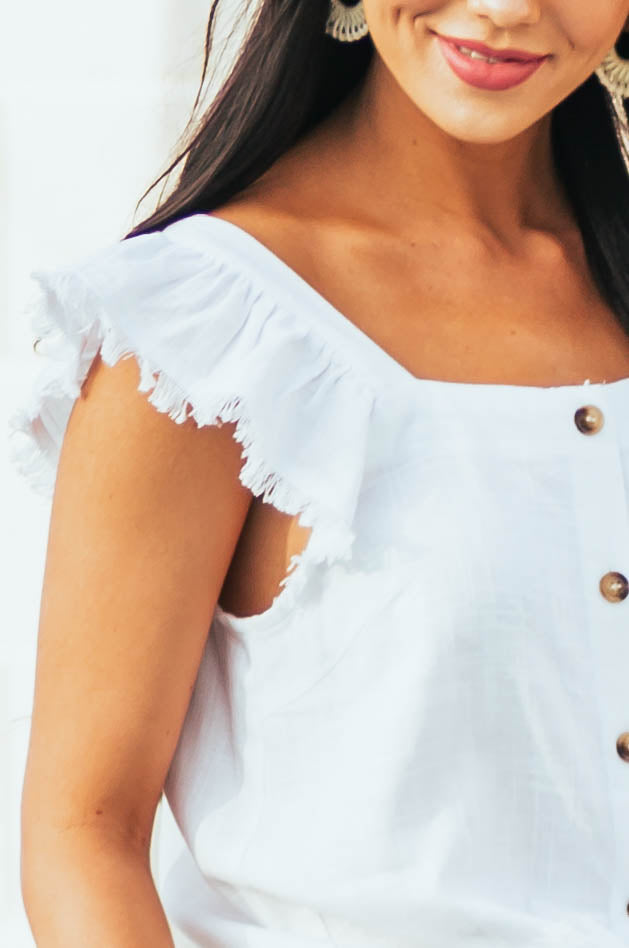 Off White Square Neck Frayed Detail Woven Top