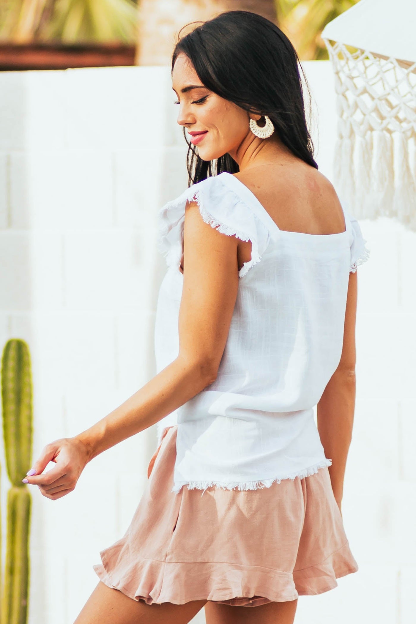 Off White Square Neck Frayed Detail Woven Top