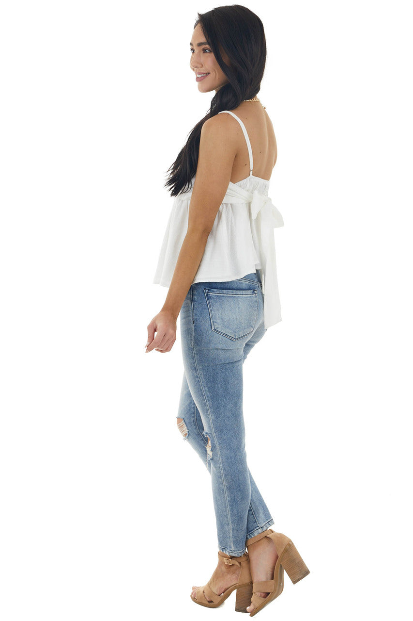 Off White Textured Woven V Neck Cami with Back Tie Bow