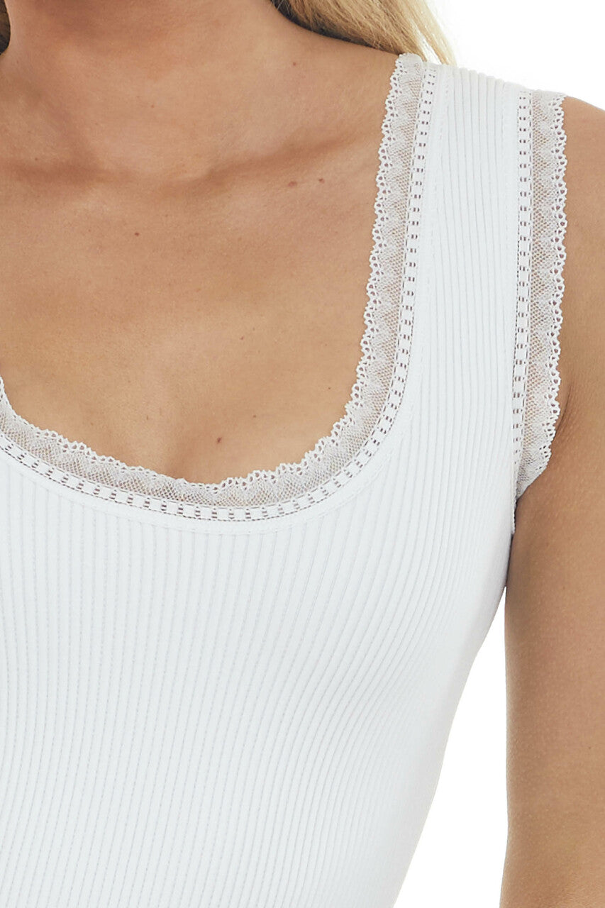 Off White U Neck Lace Trim Ribbed Knit Crop Tank 