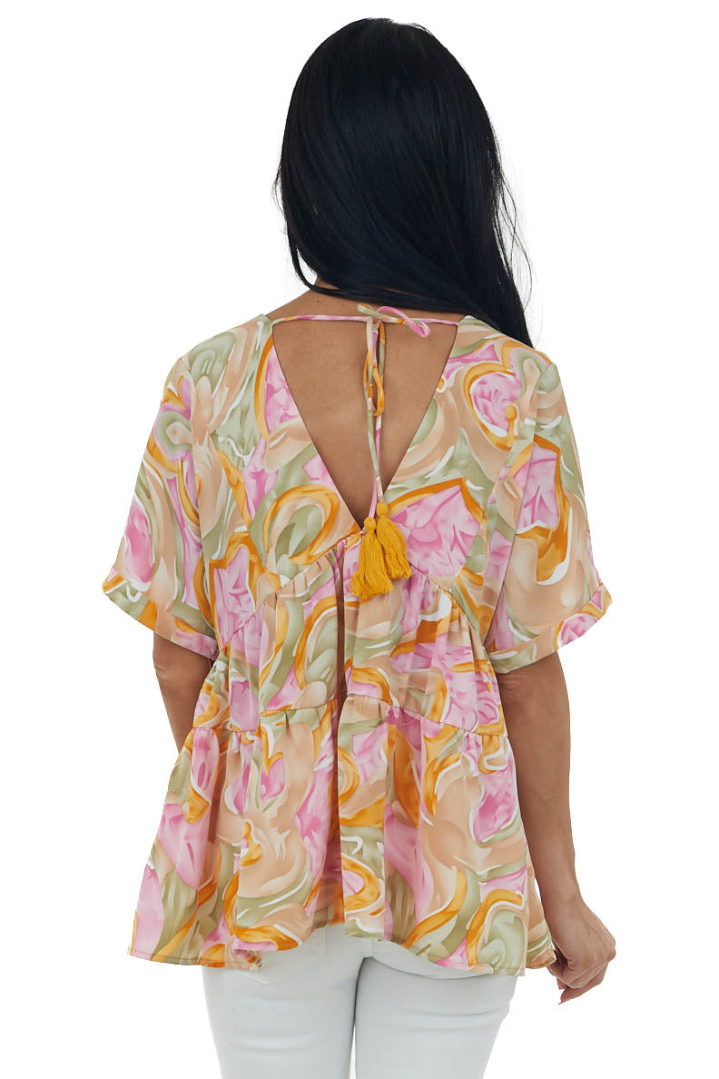 Olive and Fuchsia Abstract V Neck Tiered Top