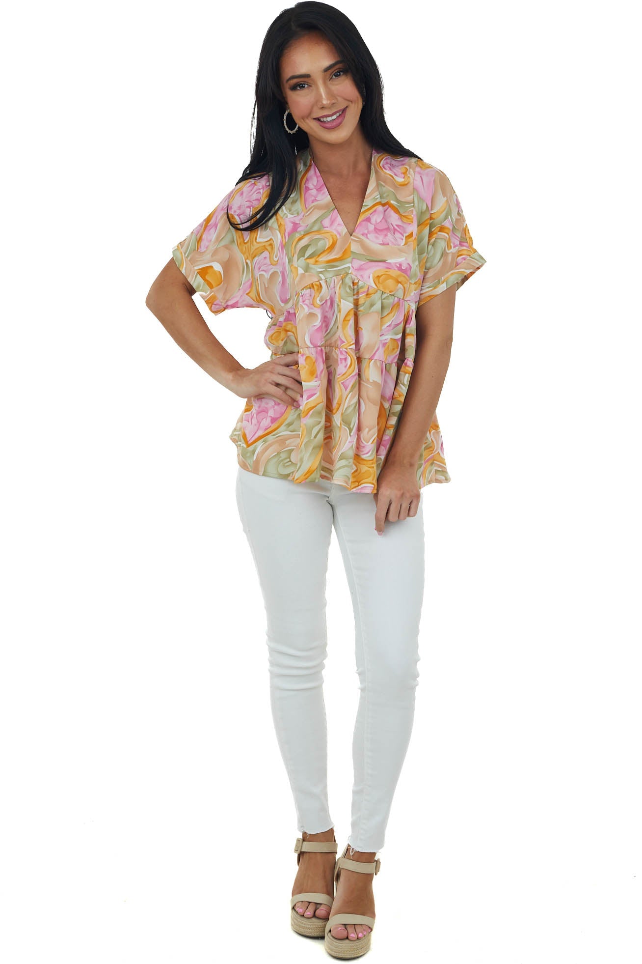 Olive and Fuchsia Abstract V Neck Tiered Top