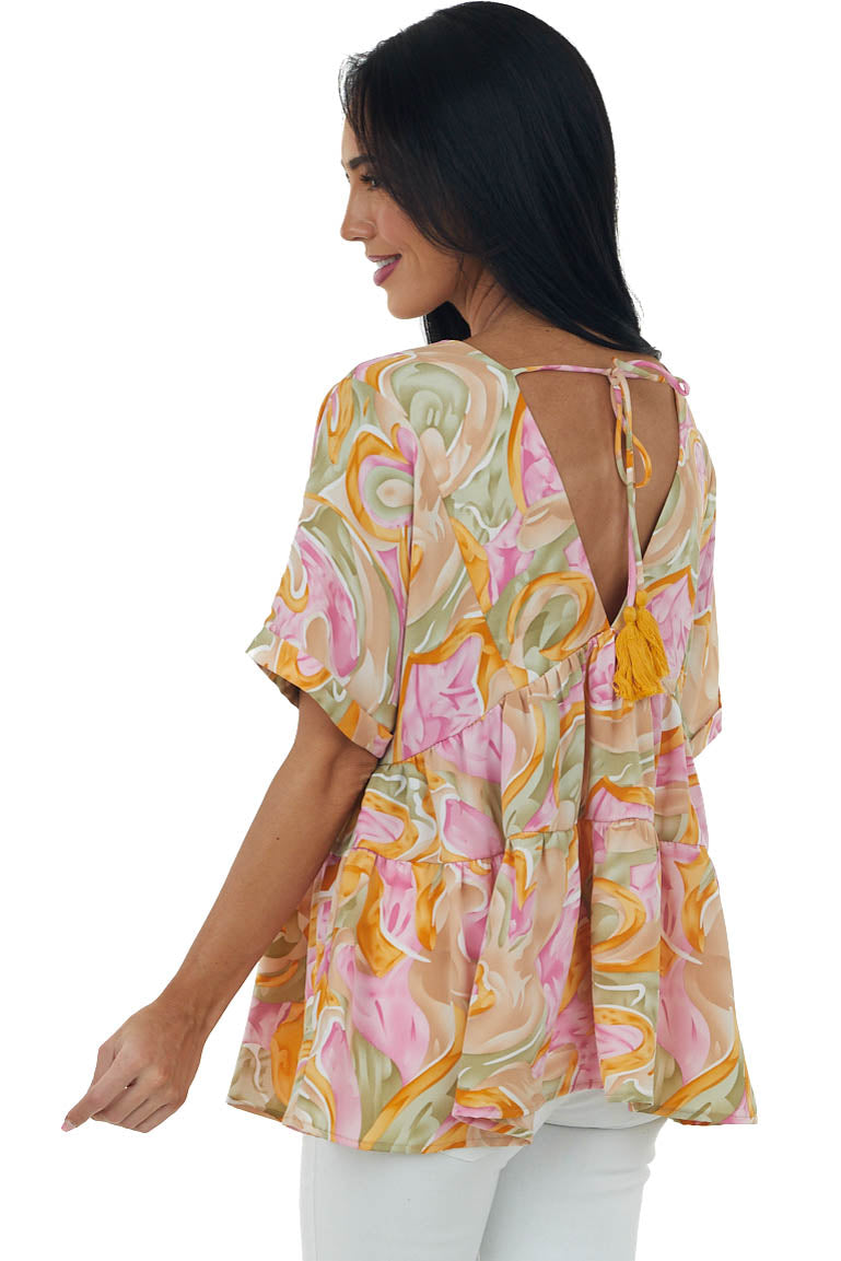 Olive and Fuchsia Abstract V Neck Tiered Top