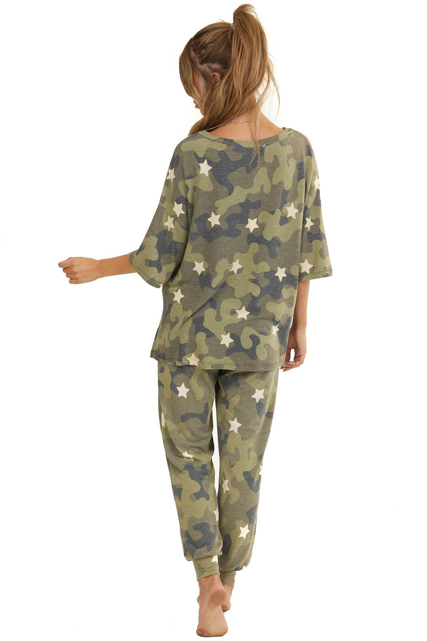 Olive Camo and Star Print Short Sleeve Top with Front Pocket 