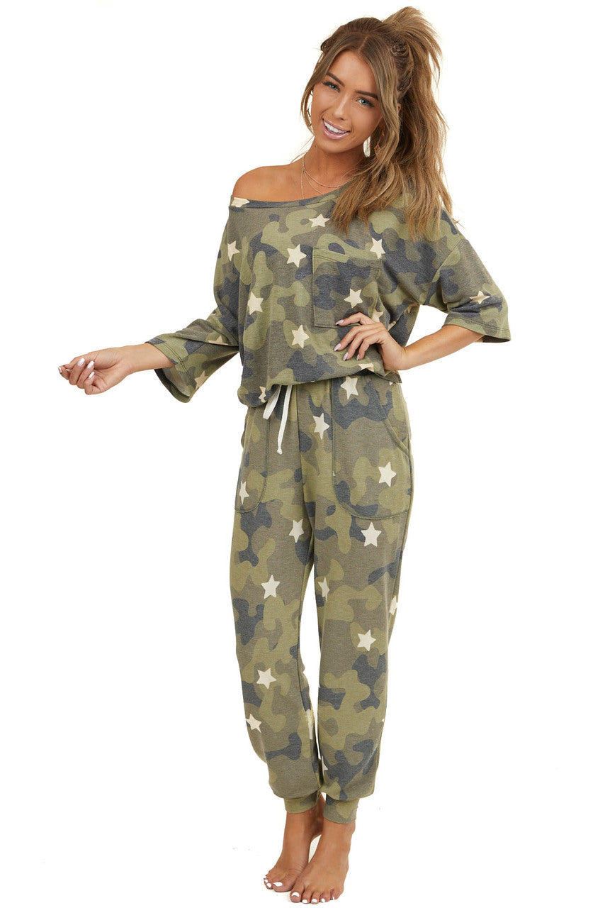 Olive Camo and Star Print Short Sleeve Top with Front Pocket 