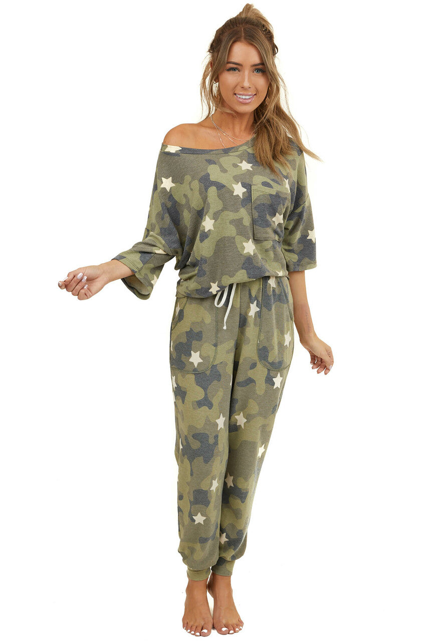 Olive Camo and Star Print Short Sleeve Top with Front Pocket 