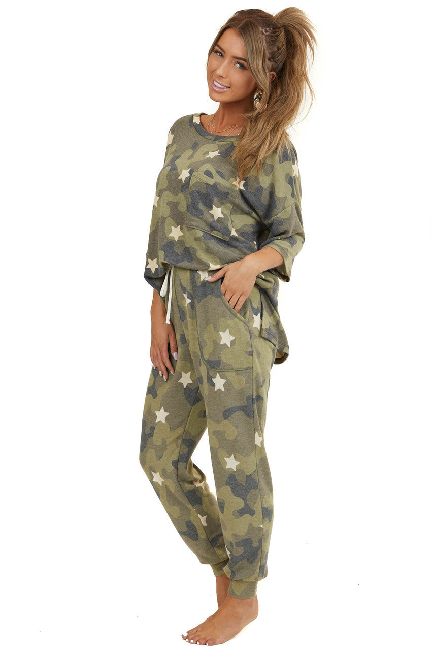 Olive Camo and Star Print Short Sleeve Top with Front Pocket 