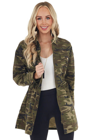 Olive Camo Print Long Sleeve Cargo Jacket with Tie Waist