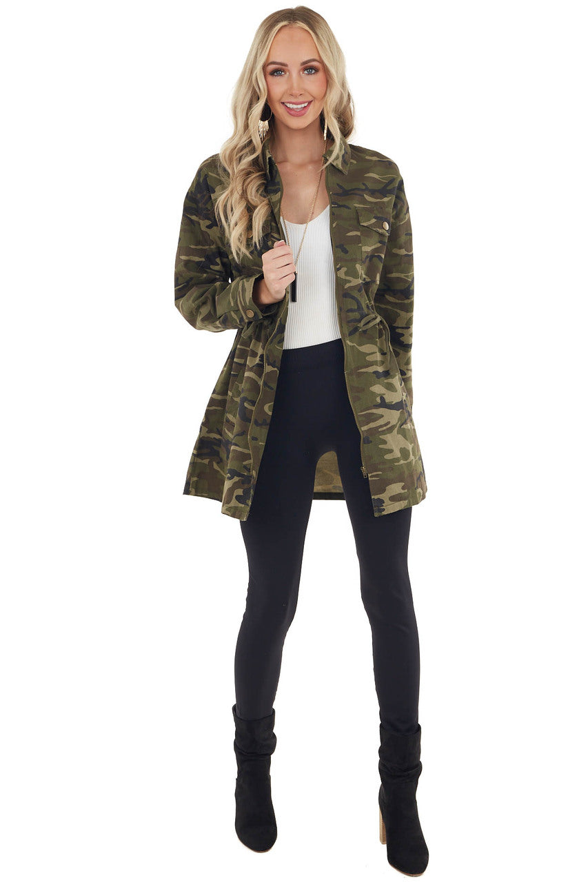Olive Camo Print Long Sleeve Cargo Jacket with Tie Waist