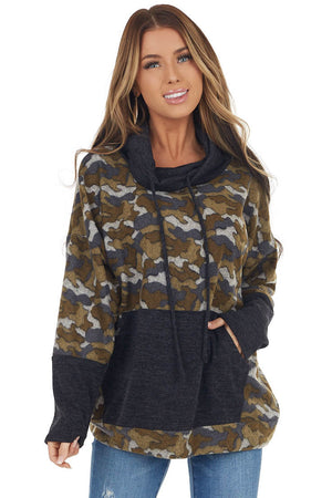 Olive Camo Print Pullover with Cowl Neck and Kangaroo Pouch