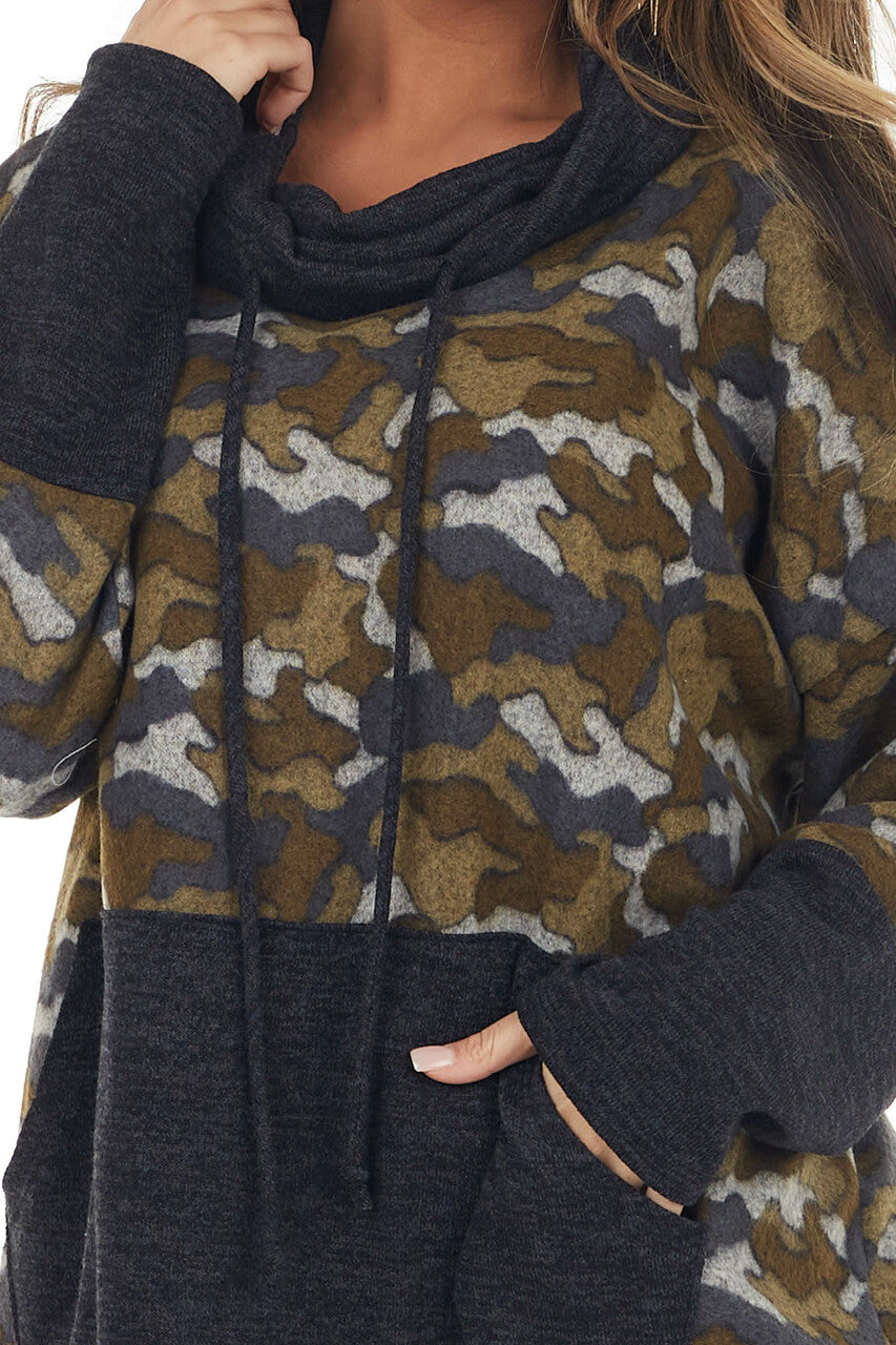 Olive Camo Print Pullover with Cowl Neck and Kangaroo Pouch